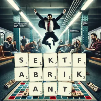 Kreative Illustration für ein Scrabble-Spiel, bei dem das Wort SEKTFABRIKANT mit Steinen auf dem Brett gelegt wurde.