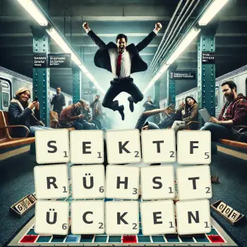 Kreative Illustration für ein Scrabble-Spiel, bei dem das Wort SEKTFRÜHSTÜCKEN mit Steinen auf dem Brett gelegt wurde.