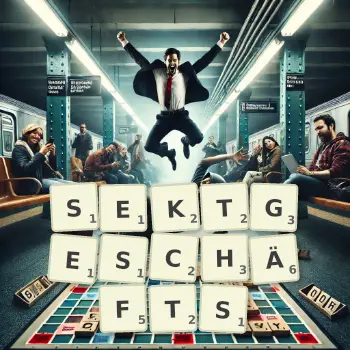 Kreative Illustration für ein Scrabble-Spiel, bei dem das Wort SEKTGESCHÄFTS mit Steinen auf dem Brett gelegt wurde.