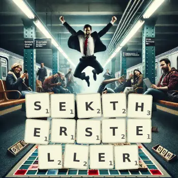 Kreative Illustration für ein Scrabble-Spiel, bei dem das Wort SEKTHERSTELLER mit Steinen auf dem Brett gelegt wurde.