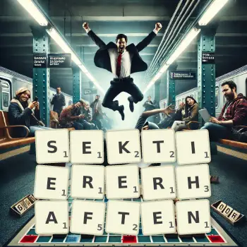 Kreative Illustration für ein Scrabble-Spiel, bei dem das Wort SEKTIERERHAFTEN mit Steinen auf dem Brett gelegt wurde.