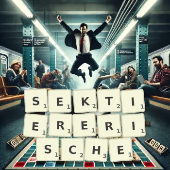 Kreative Illustration für ein Scrabble-Spiel, bei dem das Wort SEKTIERERISCHE mit Steinen auf dem Brett gelegt wurde.