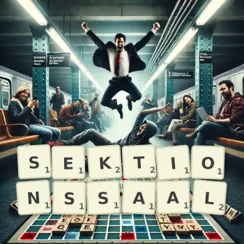 Kreative Illustration für ein Scrabble-Spiel, bei dem das Wort SEKTIONSSAAL mit Steinen auf dem Brett gelegt wurde.