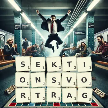 Kreative Illustration für ein Scrabble-Spiel, bei dem das Wort SEKTIONSVORTRAG mit Steinen auf dem Brett gelegt wurde.