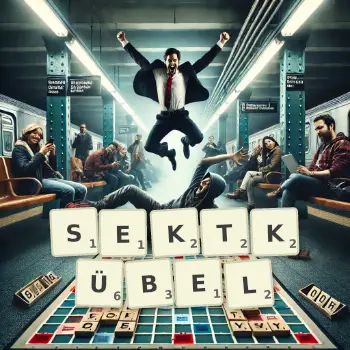 Kreative Illustration für ein Scrabble-Spiel, bei dem das Wort SEKTKÜBEL mit Steinen auf dem Brett gelegt wurde.