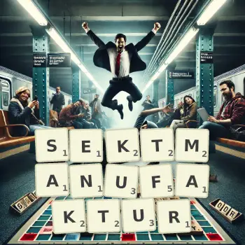 Kreative Illustration für ein Scrabble-Spiel, bei dem das Wort SEKTMANUFAKTUR mit Steinen auf dem Brett gelegt wurde.