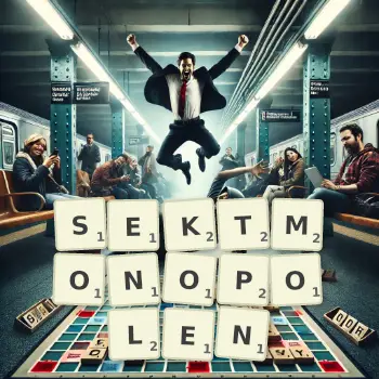 Kreative Illustration für ein Scrabble-Spiel, bei dem das Wort SEKTMONOPOLEN mit Steinen auf dem Brett gelegt wurde.