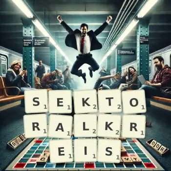 Kreative Illustration für ein Scrabble-Spiel, bei dem das Wort SEKTORALKREIS mit Steinen auf dem Brett gelegt wurde.