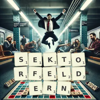 Kreative Illustration für ein Scrabble-Spiel, bei dem das Wort SEKTORFELDERN mit Steinen auf dem Brett gelegt wurde.