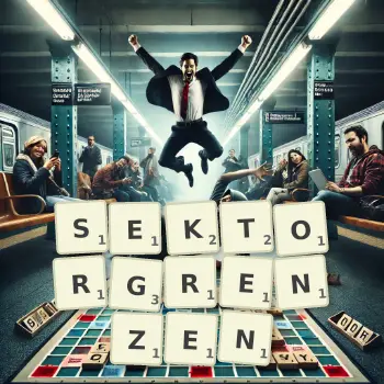 Kreative Illustration für ein Scrabble-Spiel, bei dem das Wort SEKTORGRENZEN mit Steinen auf dem Brett gelegt wurde.