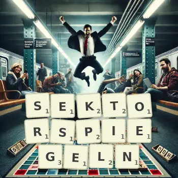 Kreative Illustration für ein Scrabble-Spiel, bei dem das Wort SEKTORSPIEGELN mit Steinen auf dem Brett gelegt wurde.