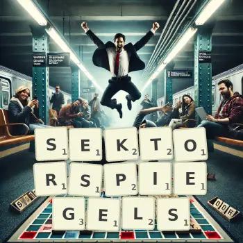 Kreative Illustration für ein Scrabble-Spiel, bei dem das Wort SEKTORSPIEGELS mit Steinen auf dem Brett gelegt wurde.