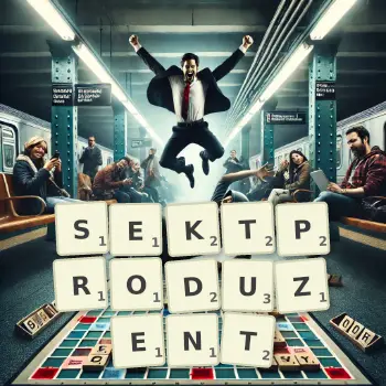 Kreative Illustration für ein Scrabble-Spiel, bei dem das Wort SEKTPRODUZENT mit Steinen auf dem Brett gelegt wurde.