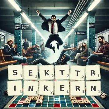 Kreative Illustration für ein Scrabble-Spiel, bei dem das Wort SEKTTRINKERN mit Steinen auf dem Brett gelegt wurde.