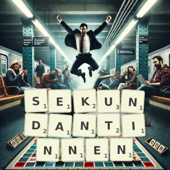 Kreative Illustration für ein Scrabble-Spiel, bei dem das Wort SEKUNDANTINNEN mit Steinen auf dem Brett gelegt wurde.