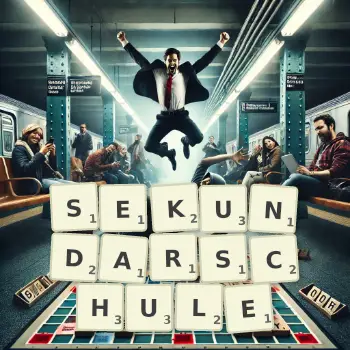 Kreative Illustration für ein Scrabble-Spiel, bei dem das Wort SEKUNDARSCHULE mit Steinen auf dem Brett gelegt wurde.