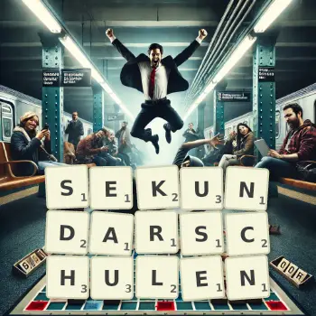 Kreative Illustration für ein Scrabble-Spiel, bei dem das Wort SEKUNDARSCHULEN mit Steinen auf dem Brett gelegt wurde.