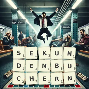 Kreative Illustration für ein Scrabble-Spiel, bei dem das Wort SEKUNDENBÜCHERN mit Steinen auf dem Brett gelegt wurde.