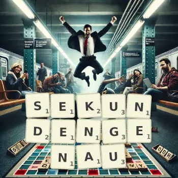 Kreative Illustration für ein Scrabble-Spiel, bei dem das Wort SEKUNDENGENAU mit Steinen auf dem Brett gelegt wurde.