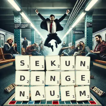 Kreative Illustration für ein Scrabble-Spiel, bei dem das Wort SEKUNDENGENAUEM mit Steinen auf dem Brett gelegt wurde.