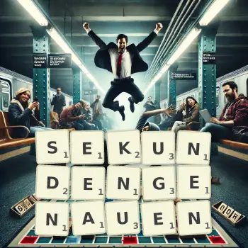 Kreative Illustration für ein Scrabble-Spiel, bei dem das Wort SEKUNDENGENAUEN mit Steinen auf dem Brett gelegt wurde.