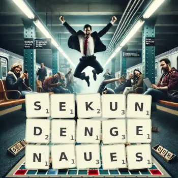 Kreative Illustration für ein Scrabble-Spiel, bei dem das Wort SEKUNDENGENAUES mit Steinen auf dem Brett gelegt wurde.