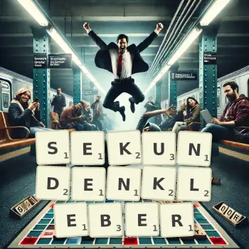 Kreative Illustration für ein Scrabble-Spiel, bei dem das Wort SEKUNDENKLEBER mit Steinen auf dem Brett gelegt wurde.