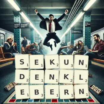 Kreative Illustration für ein Scrabble-Spiel, bei dem das Wort SEKUNDENKLEBERN mit Steinen auf dem Brett gelegt wurde.