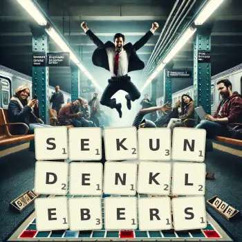 Kreative Illustration für ein Scrabble-Spiel, bei dem das Wort SEKUNDENKLEBERS mit Steinen auf dem Brett gelegt wurde.