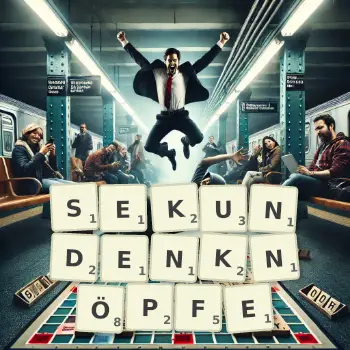 Kreative Illustration für ein Scrabble-Spiel, bei dem das Wort SEKUNDENKNÖPFE mit Steinen auf dem Brett gelegt wurde.