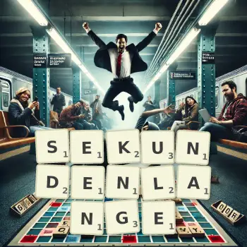 Kreative Illustration für ein Scrabble-Spiel, bei dem das Wort SEKUNDENLANGE mit Steinen auf dem Brett gelegt wurde.