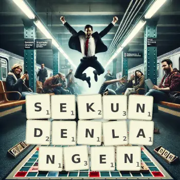 Kreative Illustration für ein Scrabble-Spiel, bei dem das Wort SEKUNDENLANGEN mit Steinen auf dem Brett gelegt wurde.