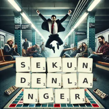 Kreative Illustration für ein Scrabble-Spiel, bei dem das Wort SEKUNDENLANGER mit Steinen auf dem Brett gelegt wurde.