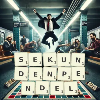 Kreative Illustration für ein Scrabble-Spiel, bei dem das Wort SEKUNDENPENDEL mit Steinen auf dem Brett gelegt wurde.
