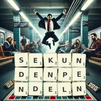 Kreative Illustration für ein Scrabble-Spiel, bei dem das Wort SEKUNDENPENDELN mit Steinen auf dem Brett gelegt wurde.