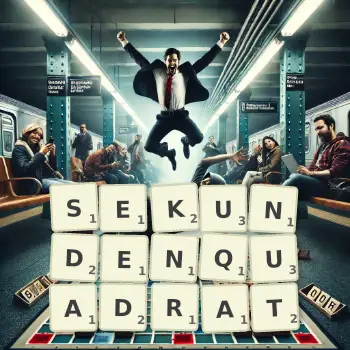 Kreative Illustration für ein Scrabble-Spiel, bei dem das Wort SEKUNDENQUADRAT mit Steinen auf dem Brett gelegt wurde.