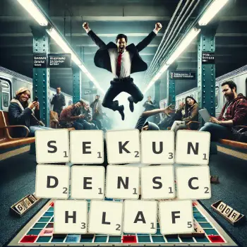 Kreative Illustration für ein Scrabble-Spiel, bei dem das Wort SEKUNDENSCHLAF mit Steinen auf dem Brett gelegt wurde.