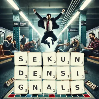 Kreative Illustration für ein Scrabble-Spiel, bei dem das Wort SEKUNDENSIGNALS mit Steinen auf dem Brett gelegt wurde.