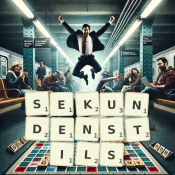 Kreative Illustration für ein Scrabble-Spiel, bei dem das Wort SEKUNDENSTILS mit Steinen auf dem Brett gelegt wurde.