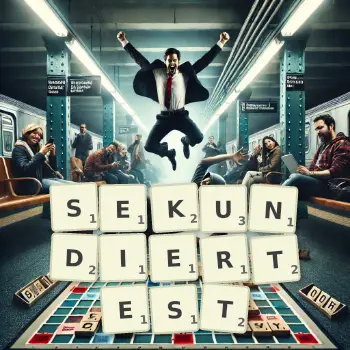 Kreative Illustration für ein Scrabble-Spiel, bei dem das Wort SEKUNDIERTEST mit Steinen auf dem Brett gelegt wurde.