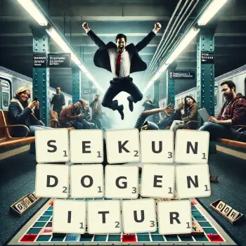 Kreative Illustration für ein Scrabble-Spiel, bei dem das Wort SEKUNDOGENITUR mit Steinen auf dem Brett gelegt wurde.