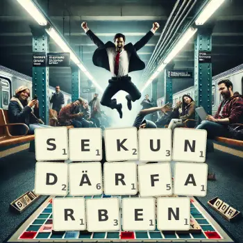 Kreative Illustration für ein Scrabble-Spiel, bei dem das Wort SEKUNDÄRFARBEN mit Steinen auf dem Brett gelegt wurde.