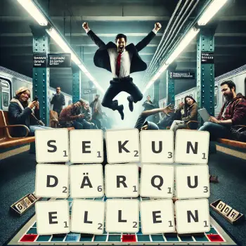 Kreative Illustration für ein Scrabble-Spiel, bei dem das Wort SEKUNDÄRQUELLEN mit Steinen auf dem Brett gelegt wurde.