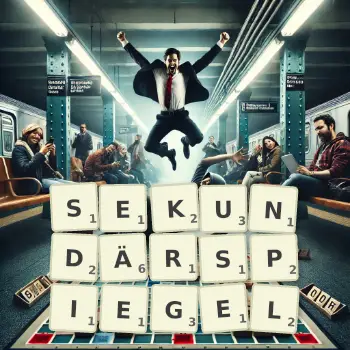 Kreative Illustration für ein Scrabble-Spiel, bei dem das Wort SEKUNDÄRSPIEGEL mit Steinen auf dem Brett gelegt wurde.