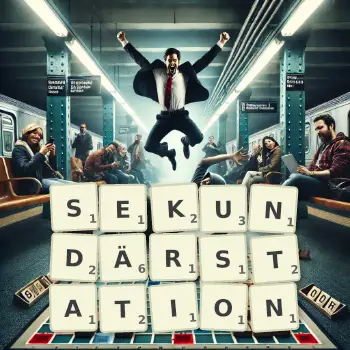 Kreative Illustration für ein Scrabble-Spiel, bei dem das Wort SEKUNDÄRSTATION mit Steinen auf dem Brett gelegt wurde.