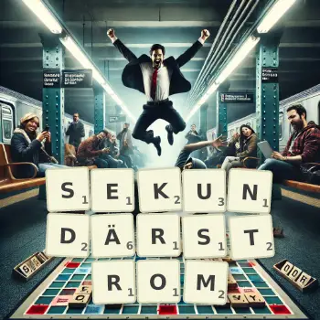 Kreative Illustration für ein Scrabble-Spiel, bei dem das Wort SEKUNDÄRSTROM mit Steinen auf dem Brett gelegt wurde.