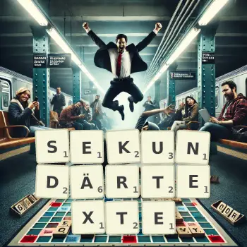 Kreative Illustration für ein Scrabble-Spiel, bei dem das Wort SEKUNDÄRTEXTE mit Steinen auf dem Brett gelegt wurde.