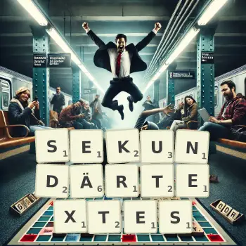 Kreative Illustration für ein Scrabble-Spiel, bei dem das Wort SEKUNDÄRTEXTES mit Steinen auf dem Brett gelegt wurde.