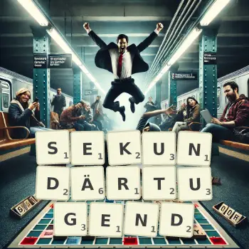 Kreative Illustration für ein Scrabble-Spiel, bei dem das Wort SEKUNDÄRTUGEND mit Steinen auf dem Brett gelegt wurde.