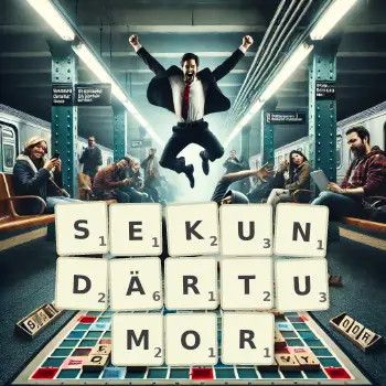 Kreative Illustration für ein Scrabble-Spiel, bei dem das Wort SEKUNDÄRTUMOR mit Steinen auf dem Brett gelegt wurde.